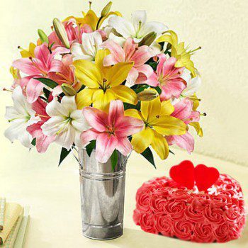valentines day Colorful Heart flowers and cake combo