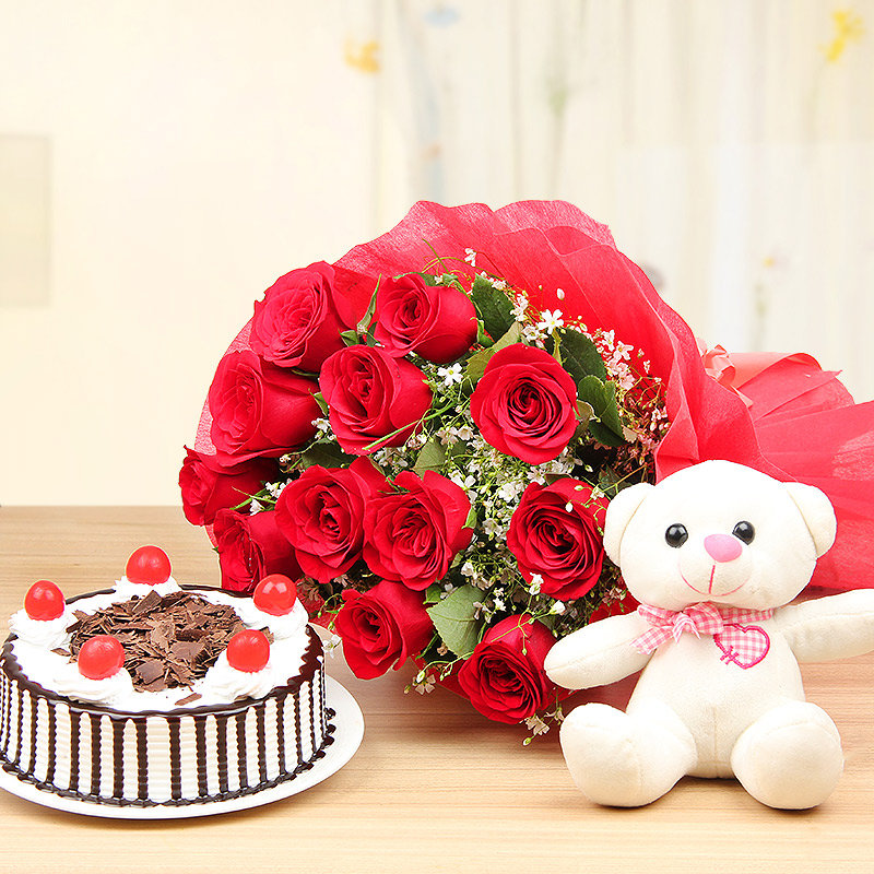 Teddy Day Roses and Cake Combo