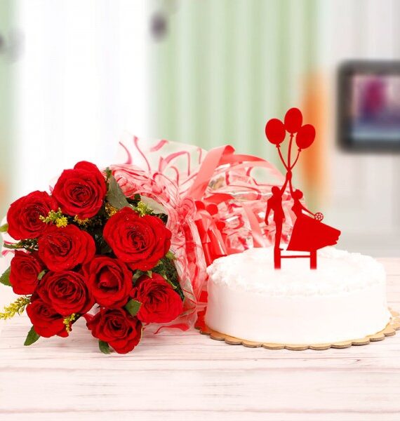 Valentine Surprise flowers and cake combo